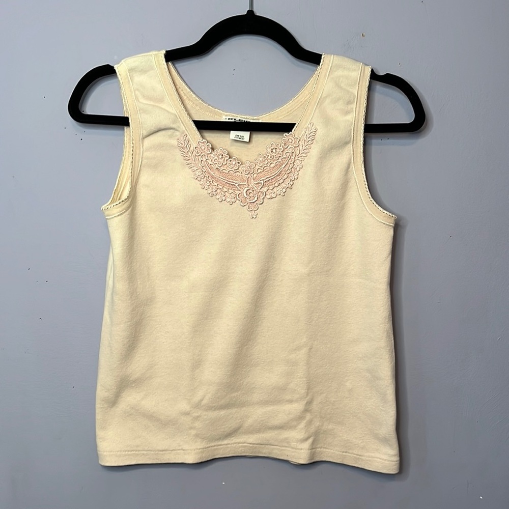 Vintage Kleids Pale Pink Tank Top w Floral Appliqué on Neckline